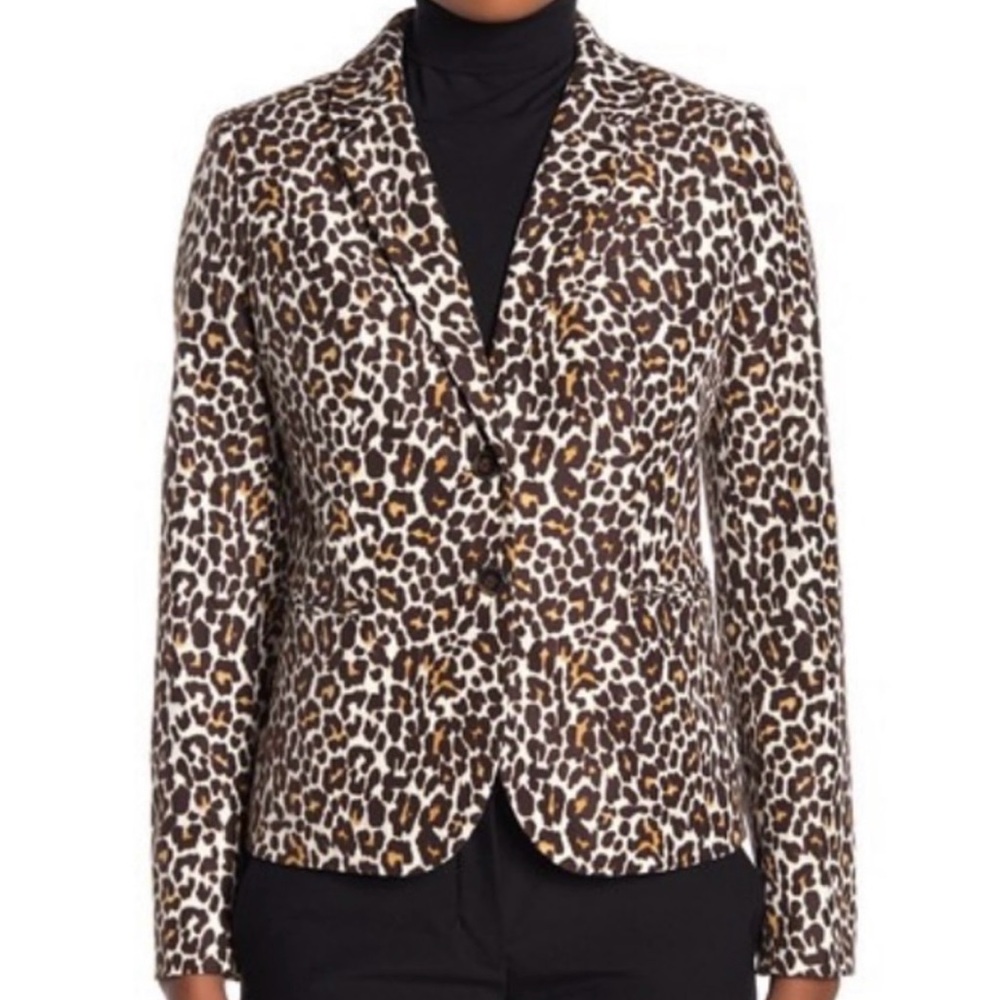 J. Crew Women Brown Leopard Print School Boy Single Breasted Blazer Small Preppy